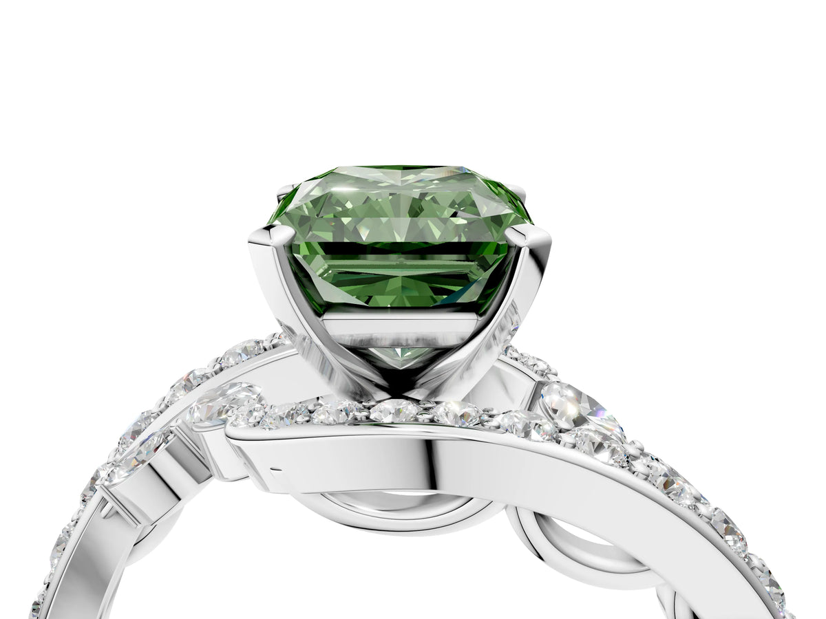 Fancy Green Radiant Cut Diamond Solitaire Ring in White gold with Pavé Twist Band and Prong Setting_4