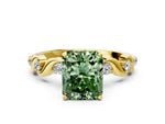 Fancy Green Radiant Cut Diamond Solitaire Ring in Yellow gold with Twisted Ribbon Band and Round Accents