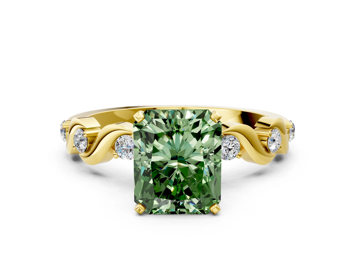 Fancy Green Radiant Cut Diamond Solitaire Ring in Yellow gold with Twisted Ribbon Band and Round Accents