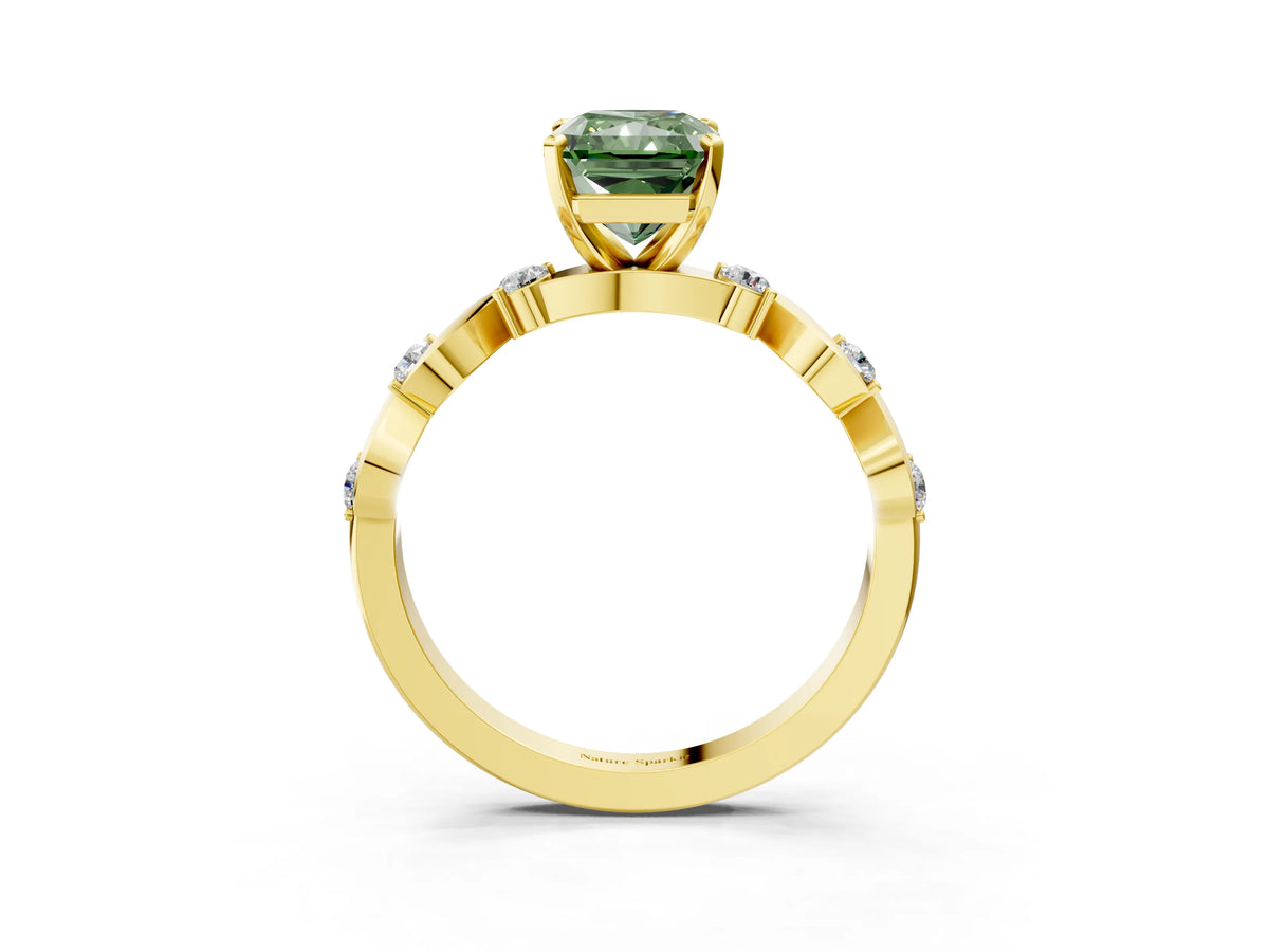 Fancy Green Radiant Cut Diamond Solitaire Ring in Yellow gold with Twisted Ribbon Band and Round Accents_3