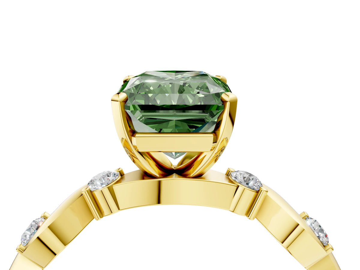 Fancy Green Radiant Cut Diamond Solitaire Ring in Yellow gold with Twisted Ribbon Band and Round Accents_4
