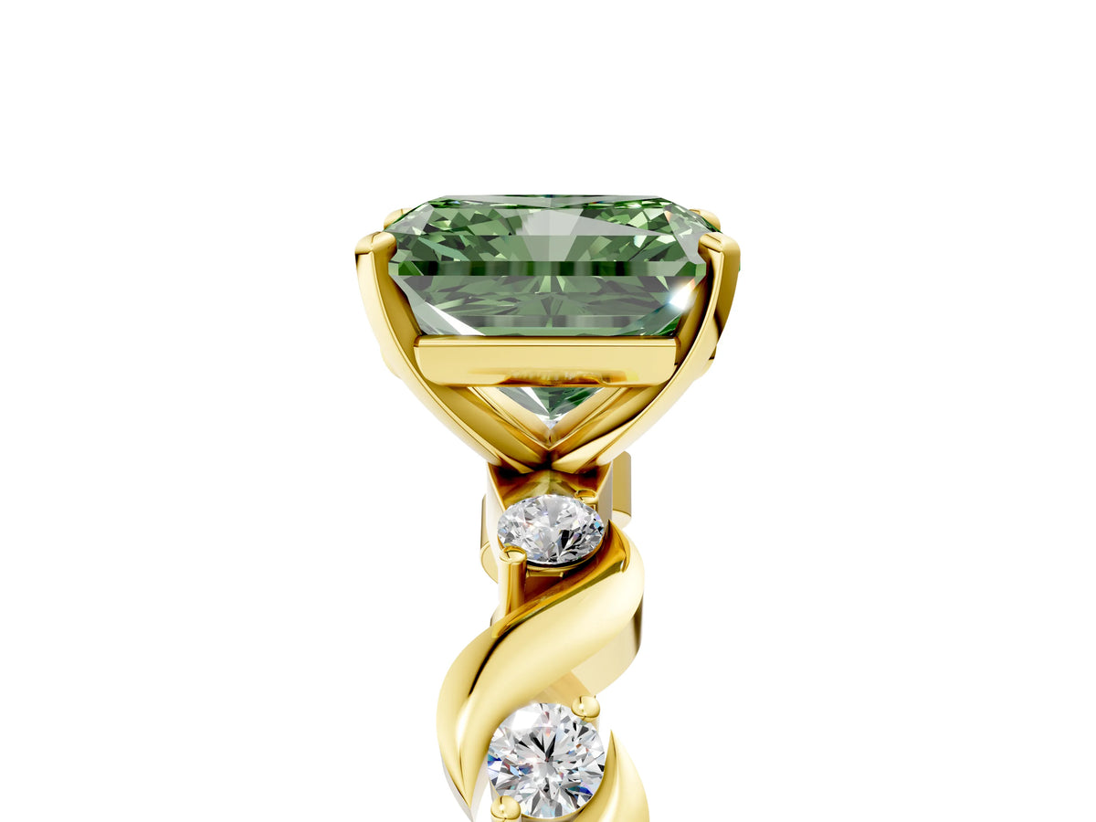 Fancy Green Radiant Cut Diamond Solitaire Ring in Yellow gold with Twisted Ribbon Band and Round Accents_5