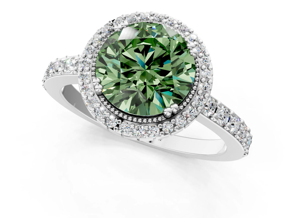 Fancy Green Round Cut Diamond Halo Engagement Ring in White gold with Milgrain Detail and Pavé Band_1