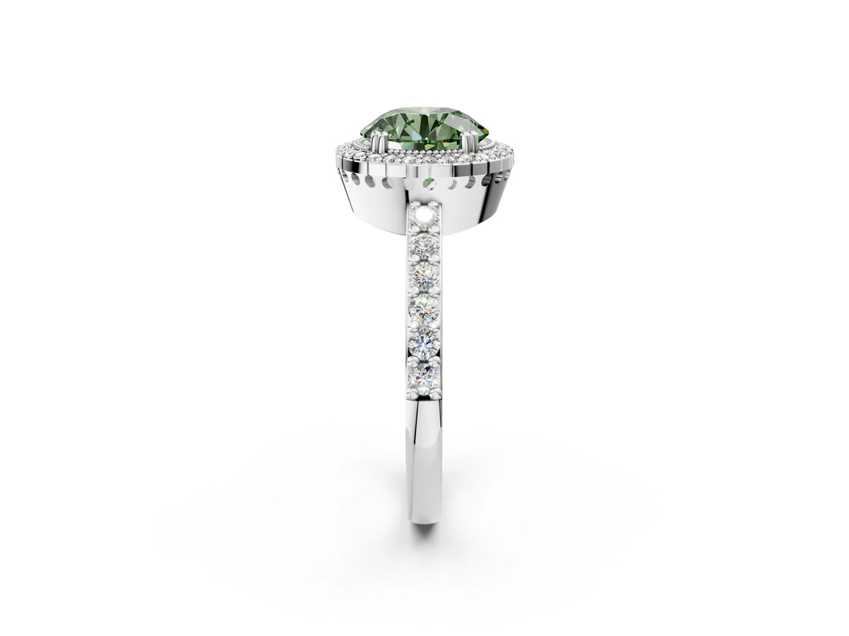 Fancy Green Round Cut Diamond Halo Engagement Ring in White gold with Milgrain Detail and Pavé Band_2