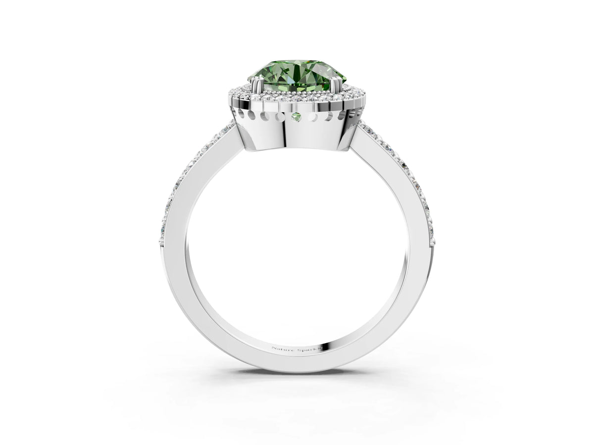 Fancy Green Round Cut Diamond Halo Engagement Ring in White gold with Milgrain Detail and Pavé Band_3