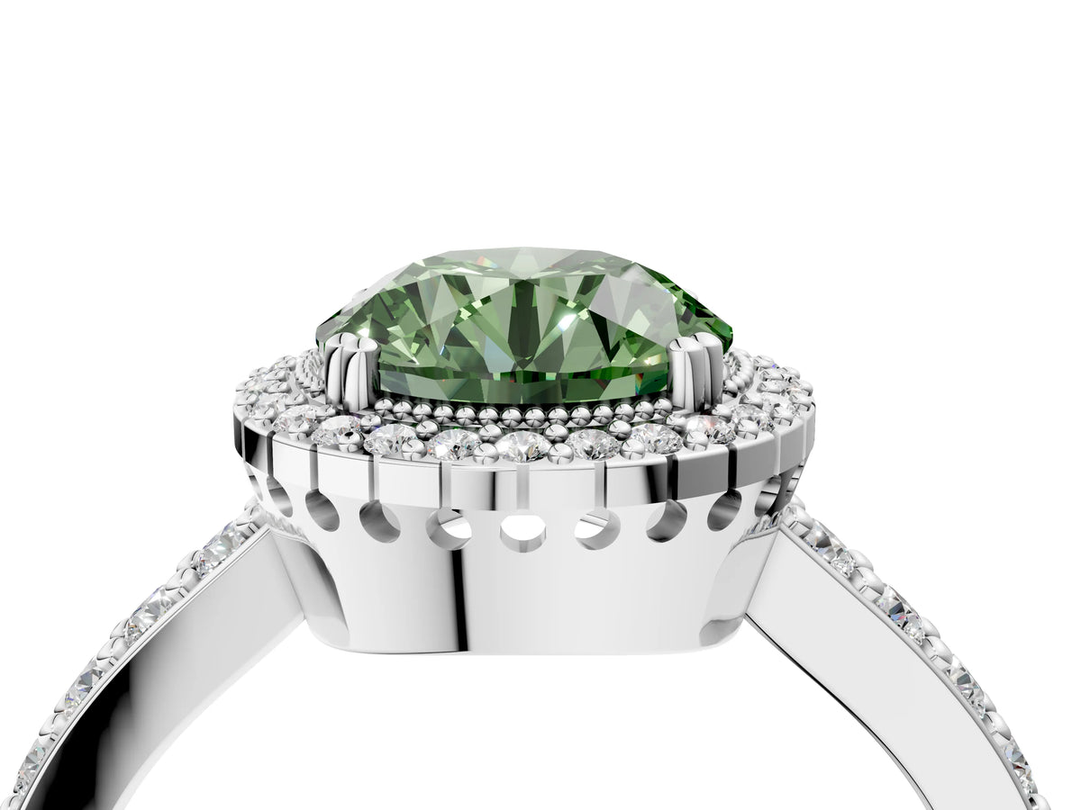 Fancy Green Round Cut Diamond Halo Engagement Ring in White gold with Milgrain Detail and Pavé Band_4