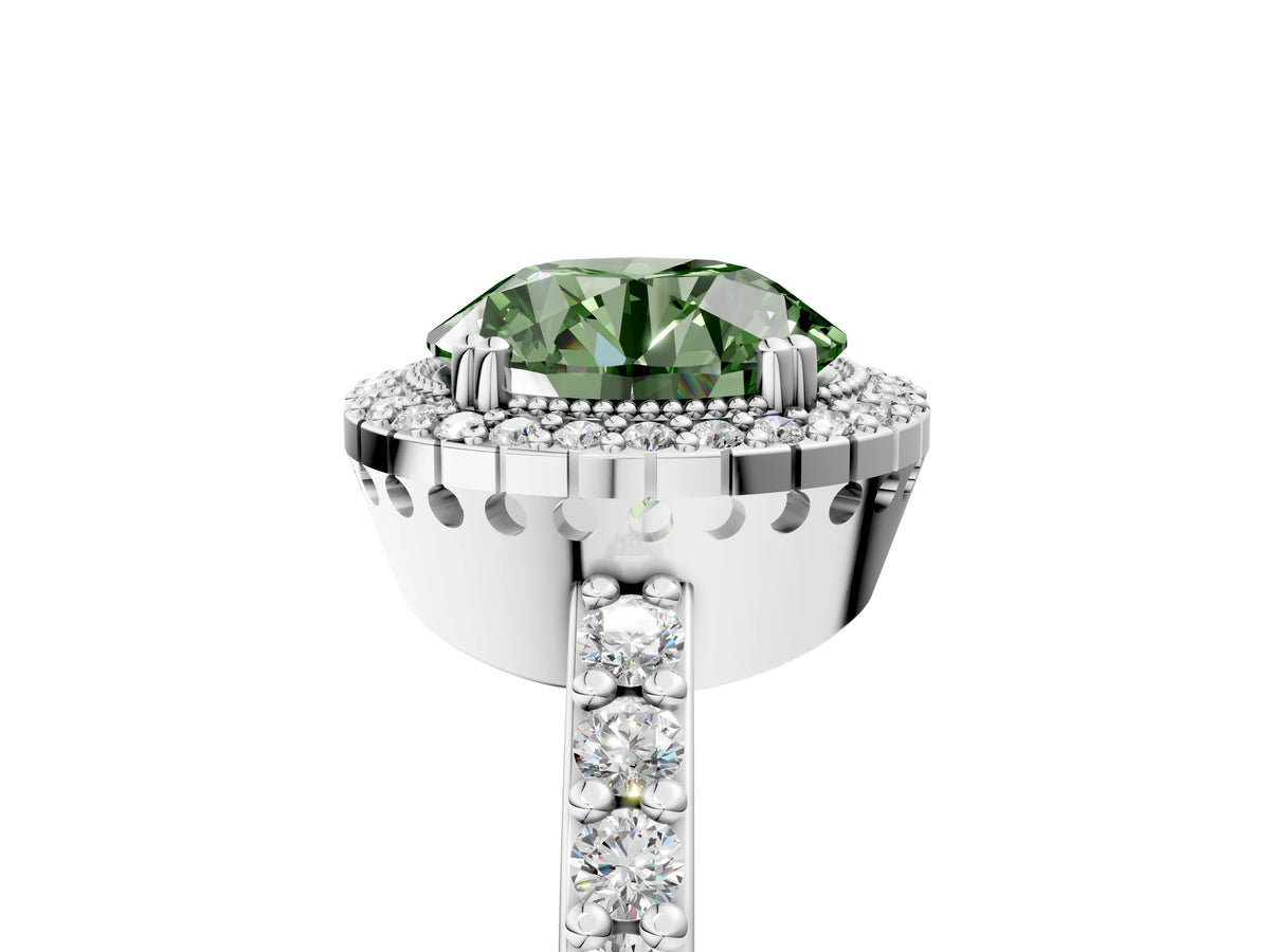 Fancy Green Round Cut Diamond Halo Engagement Ring in White gold with Milgrain Detail and Pavé Band_5
