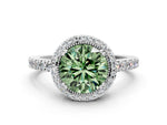 Fancy Green Round Cut Diamond Halo Engagement Ring in White gold with Milgrain Detail and Pavé Band