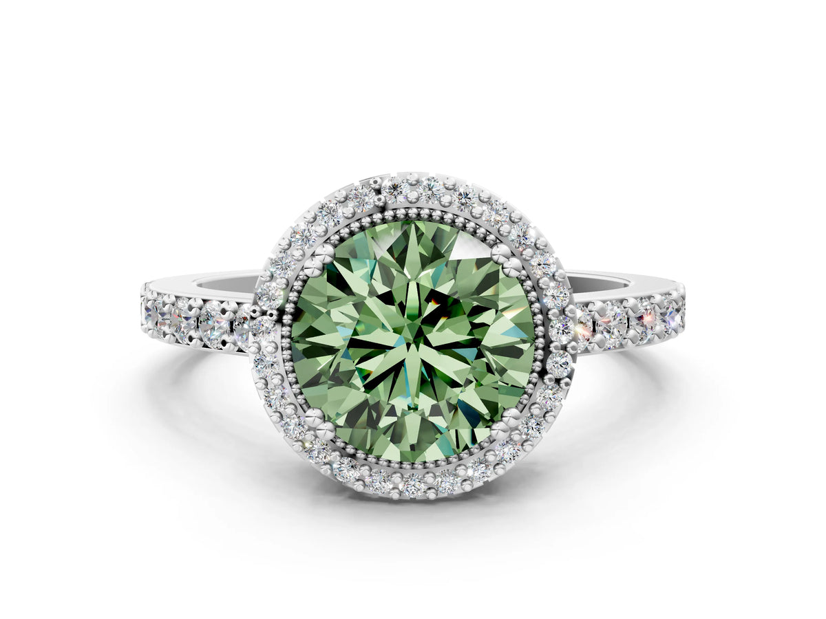 Fancy Green Round Cut Diamond Halo Engagement Ring in White gold with Milgrain Detail and Pavé Band