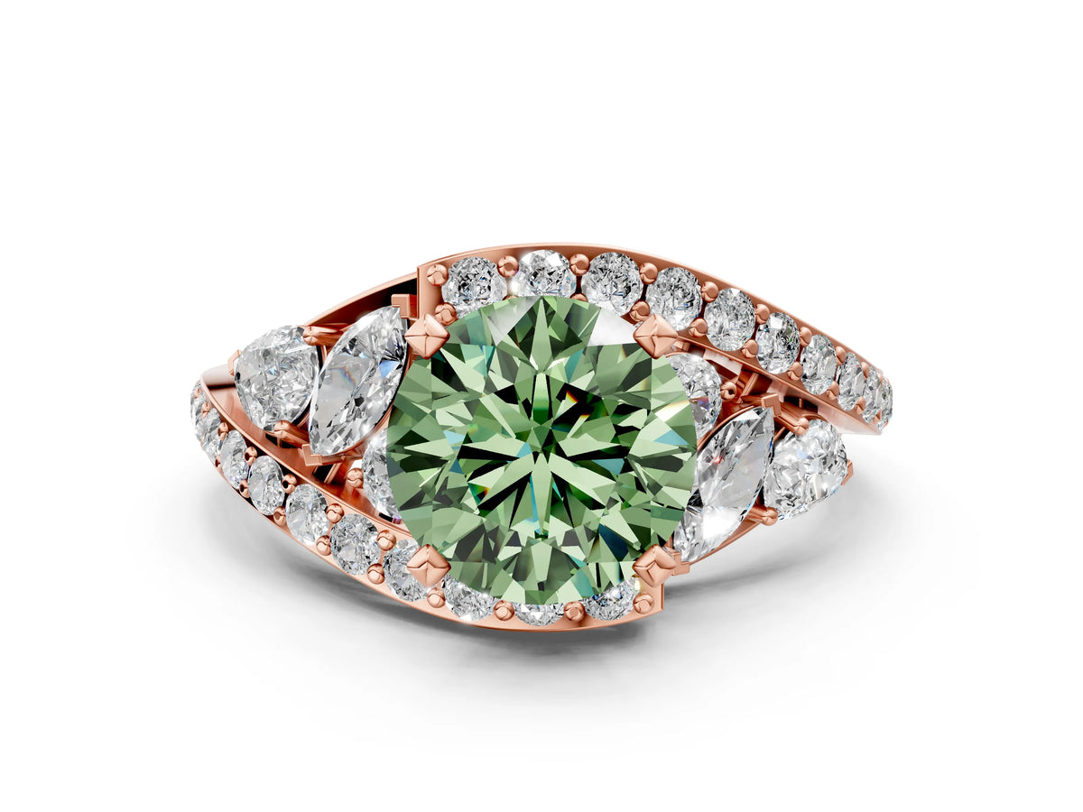 Fancy Green Round Cut Diamond Halo Ring in Rose gold with Marquise and Pavé Band in Prong Setting