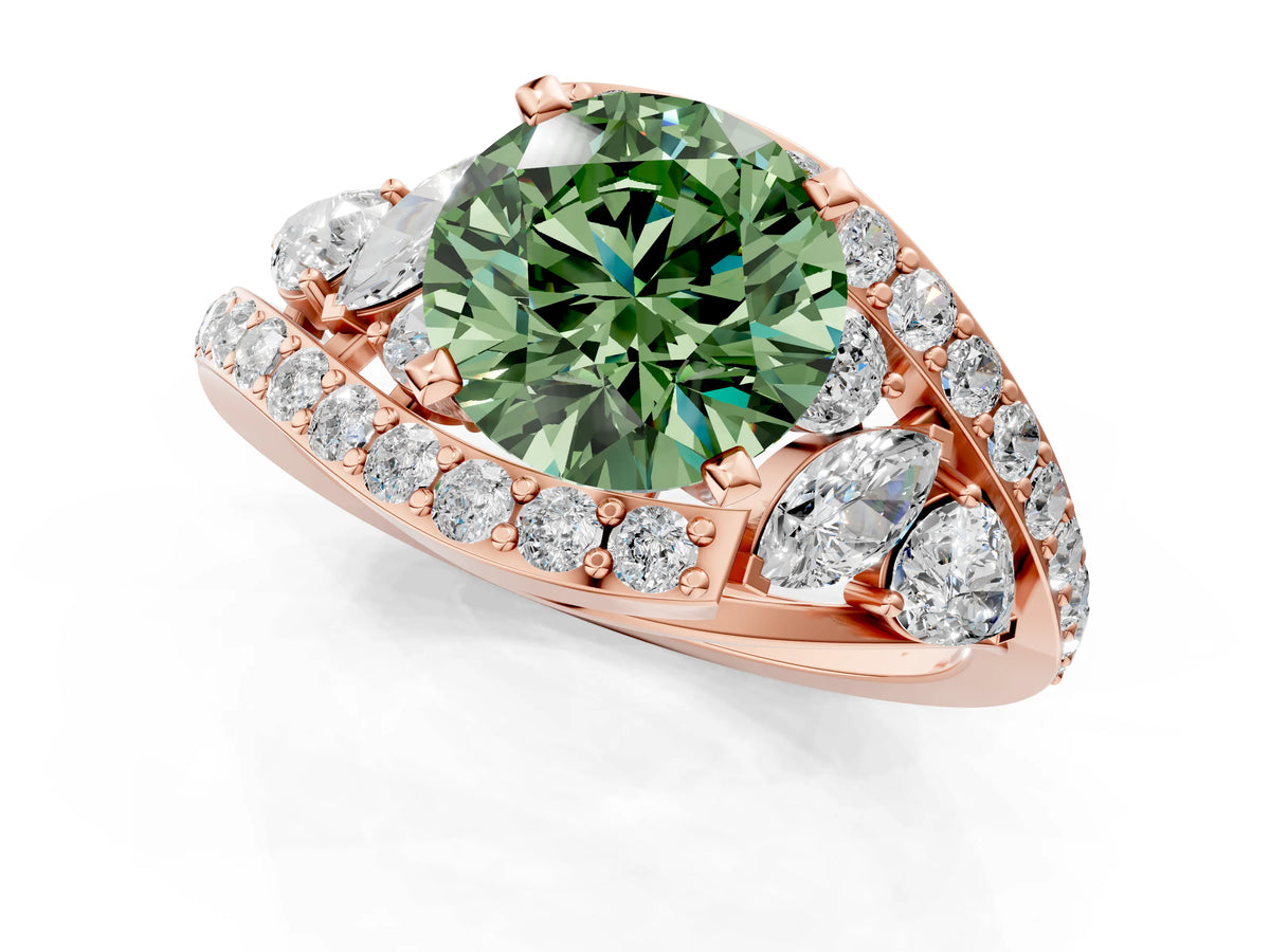 Fancy Green Round Cut Diamond Halo Ring in Rose gold with Marquise and Pavé Band in Prong Setting_1