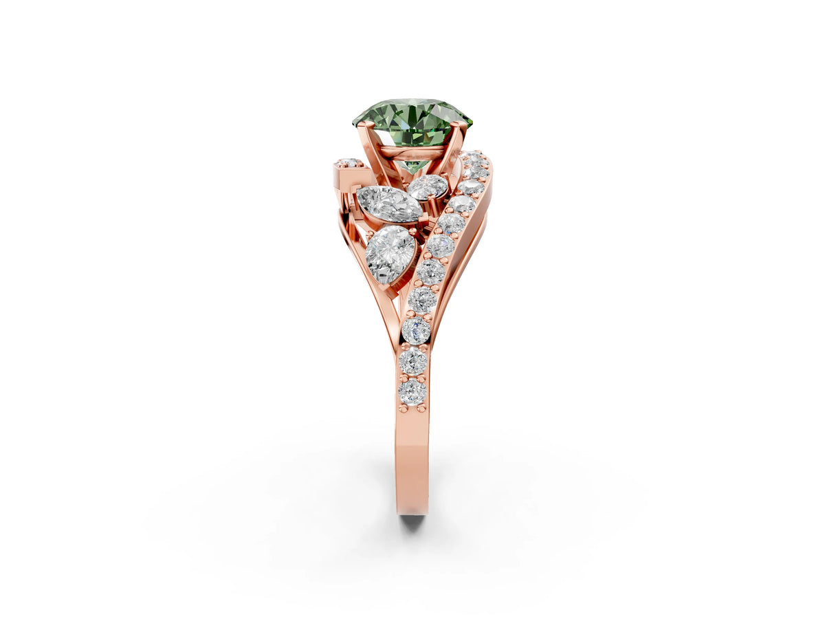 Fancy Green Round Cut Diamond Halo Ring in Rose gold with Marquise and Pavé Band in Prong Setting_2