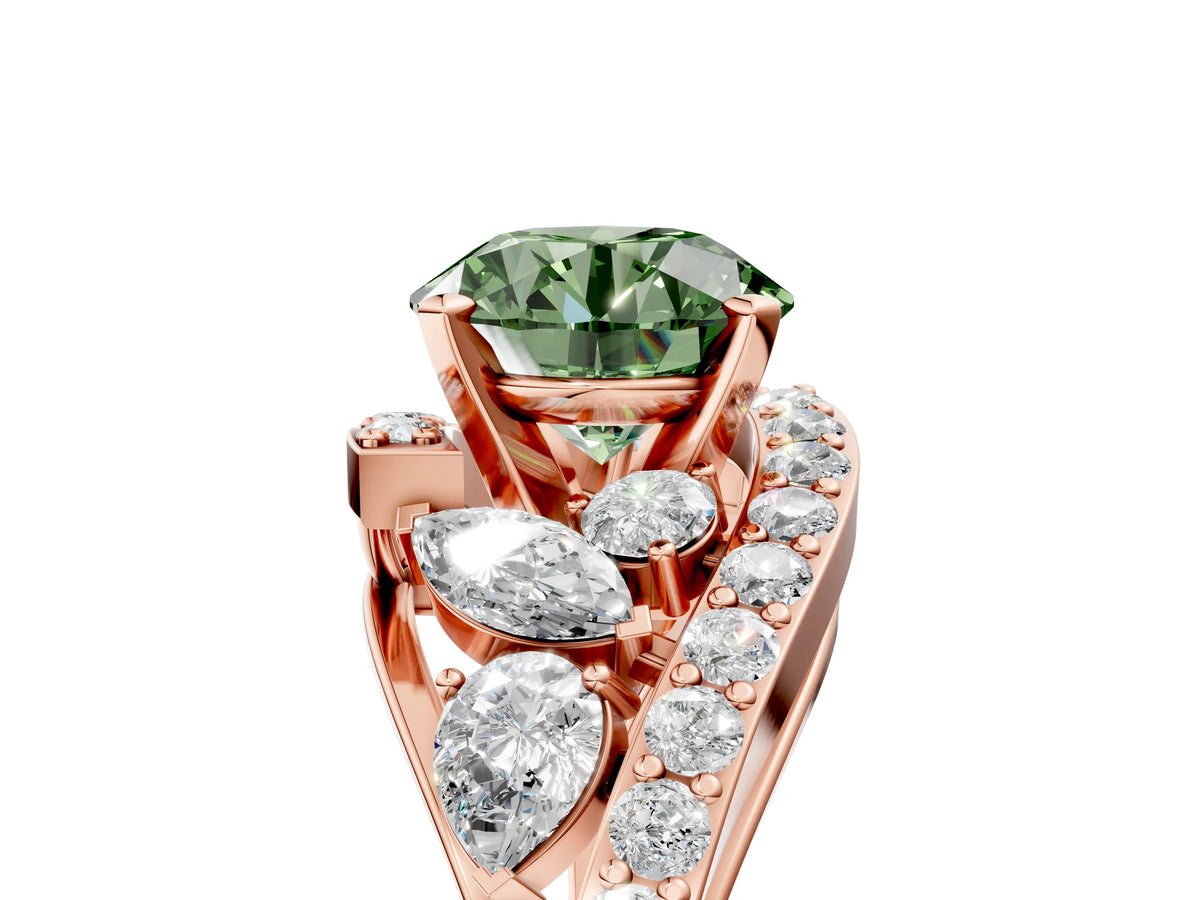 Fancy Green Round Cut Diamond Halo Ring in Rose gold with Marquise and Pavé Band in Prong Setting_5