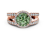 Fancy Green Round Cut Diamond Halo Ring in Rose gold with Split Shank Band and Prong Setting