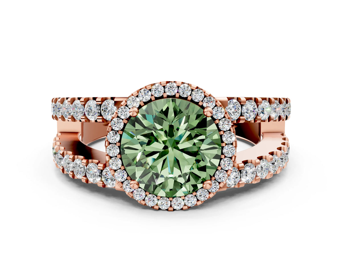 Fancy Green Round Cut Diamond Halo Ring in Rose gold with Split Shank Band and Prong Setting