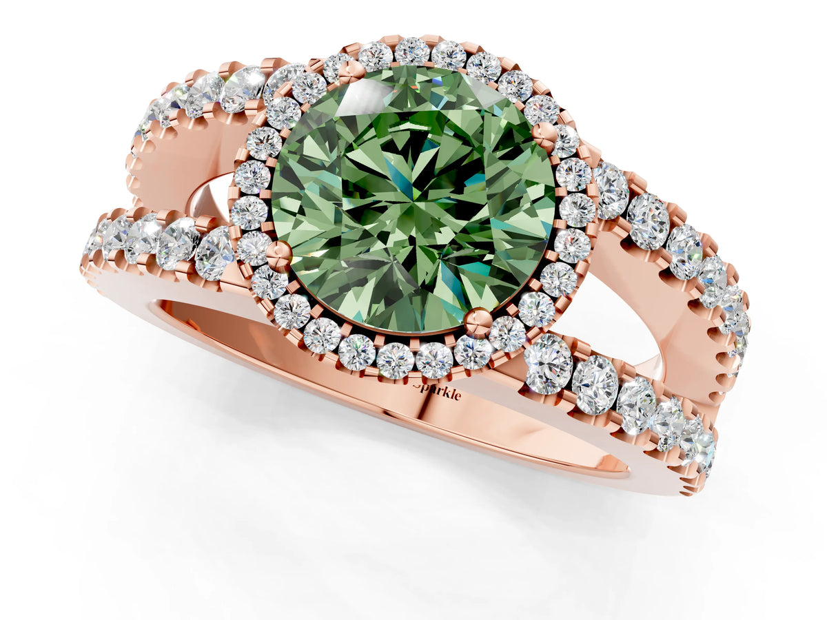 Fancy Green Round Cut Diamond Halo Ring in Rose gold with Split Shank Band and Prong Setting_1