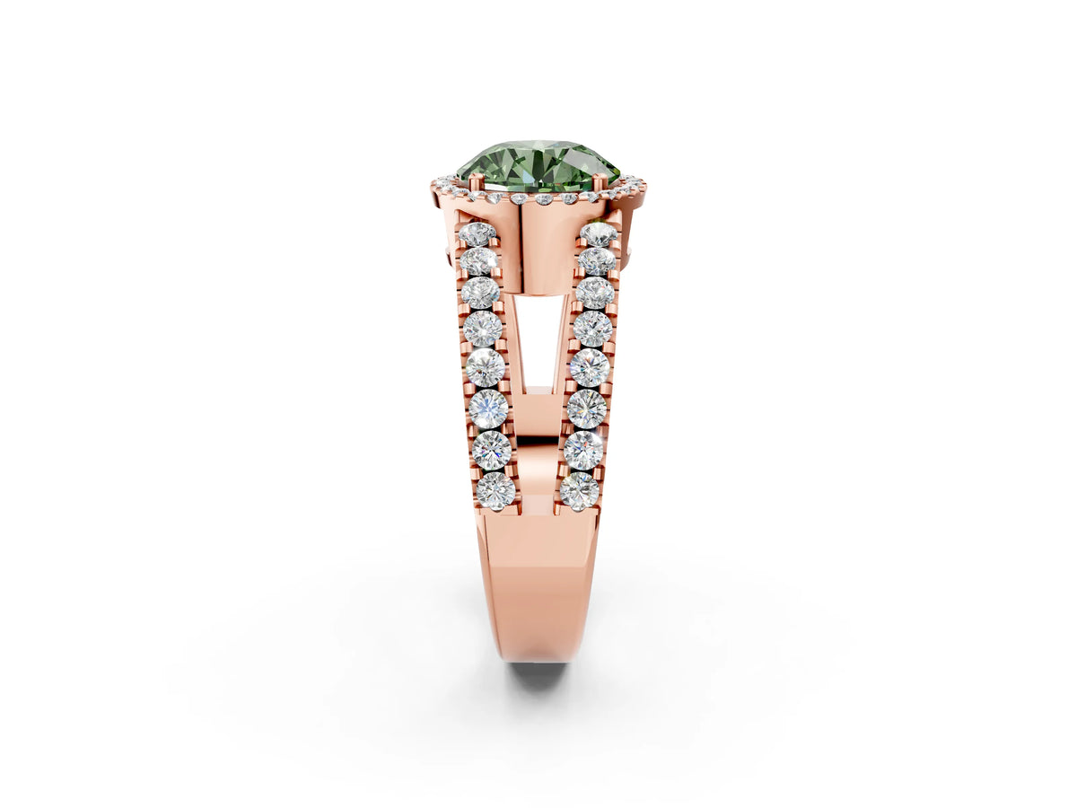 Fancy Green Round Cut Diamond Halo Ring in Rose gold with Split Shank Band and Prong Setting_2