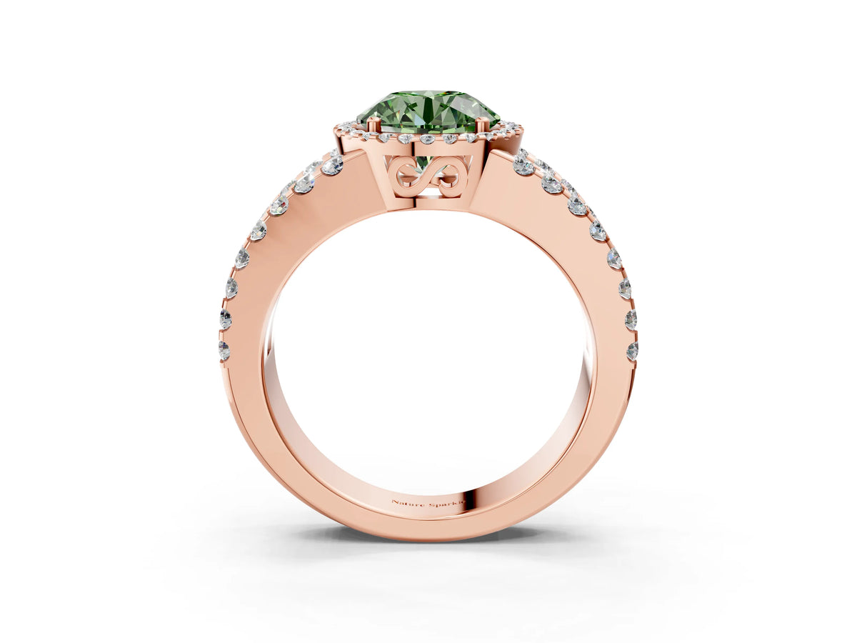 Fancy Green Round Cut Diamond Halo Ring in Rose gold with Split Shank Band and Prong Setting_3