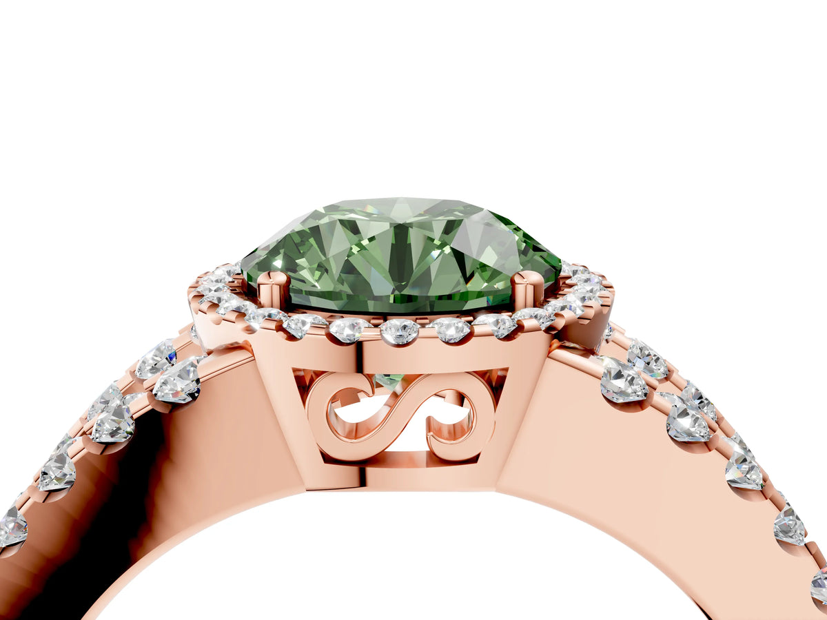 Fancy Green Round Cut Diamond Halo Ring in Rose gold with Split Shank Band and Prong Setting_4