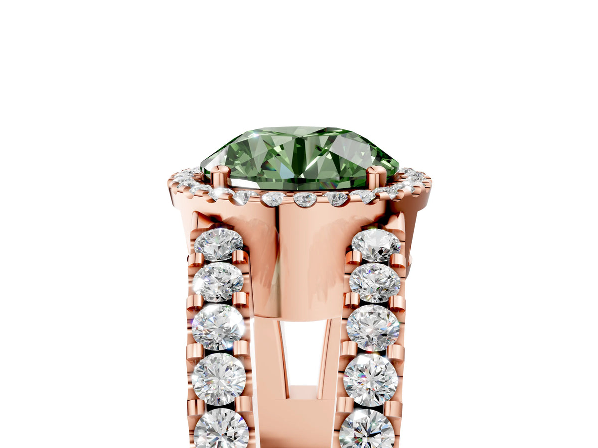 Fancy Green Round Cut Diamond Halo Ring in Rose gold with Split Shank Band and Prong Setting_5