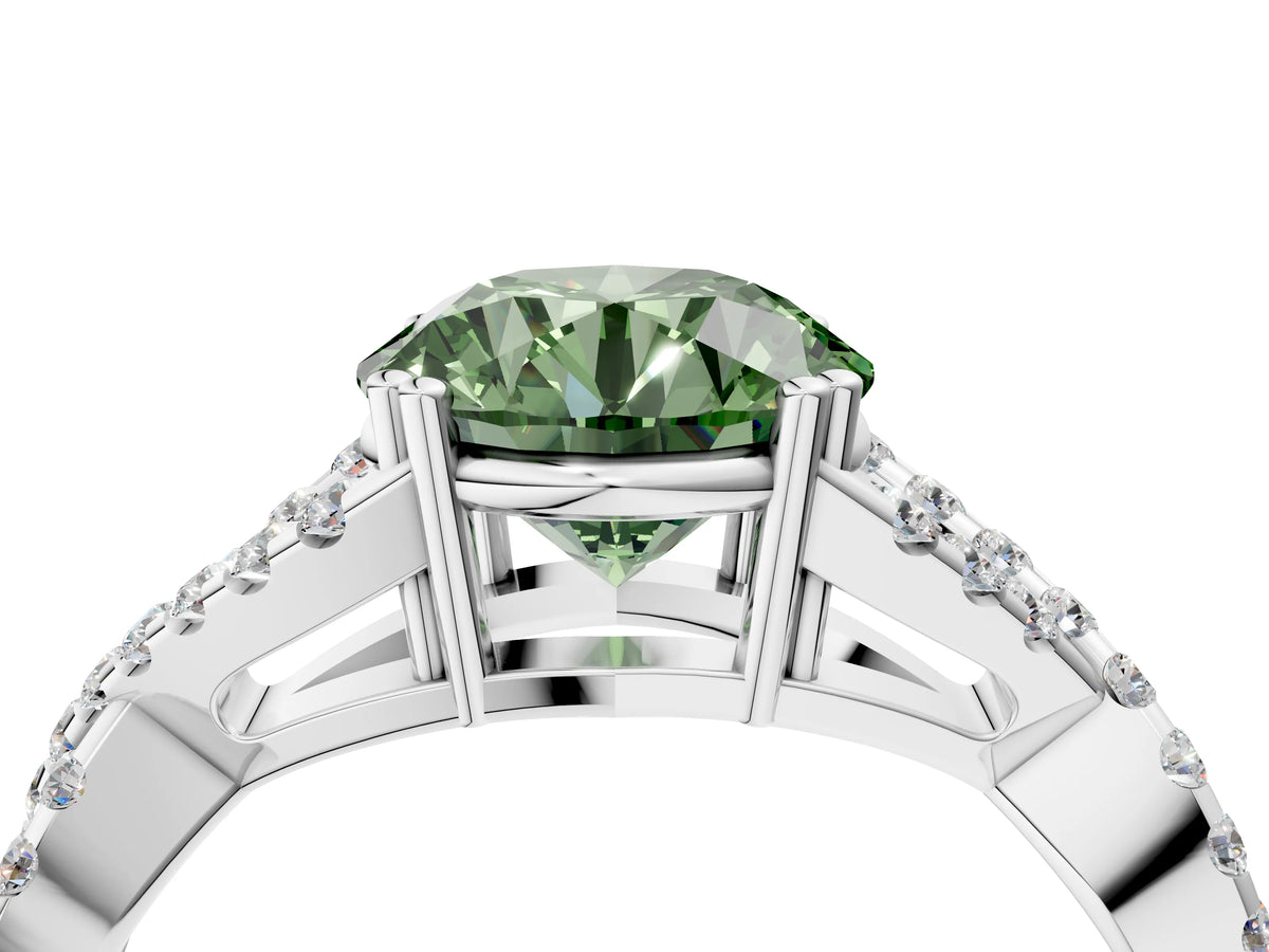 Fancy Green Round Cut Diamond Solitaire Ring in Platinum with Interwoven Pavé Band and Prong Setting_10
