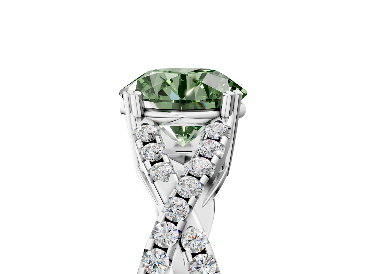 Fancy Green Round Cut Diamond Solitaire Ring in Platinum with Interwoven Pavé Band and Prong Setting_11