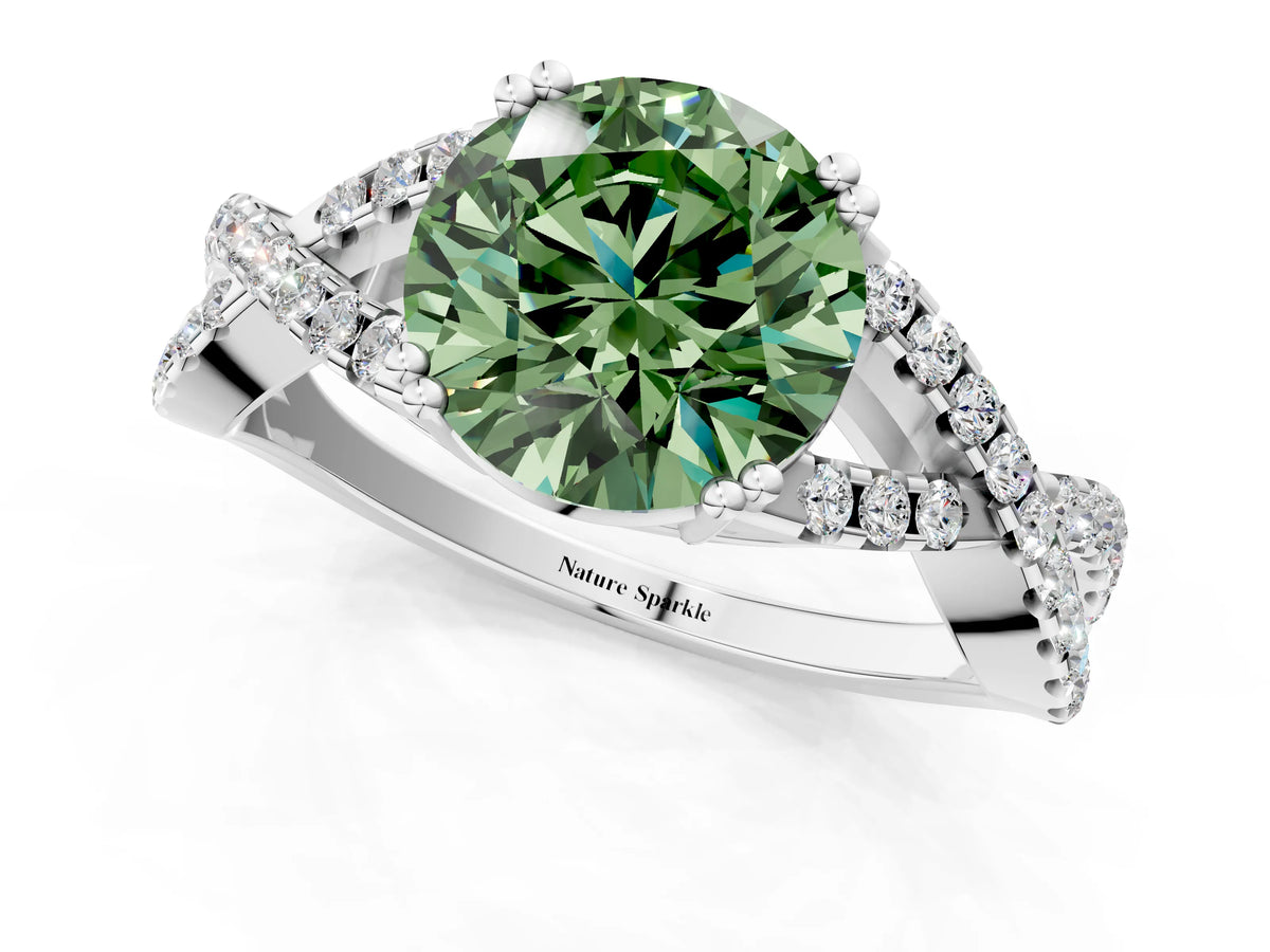 Fancy Green Round Cut Diamond Solitaire Ring in Platinum with Interwoven Pavé Band and Prong Setting_7