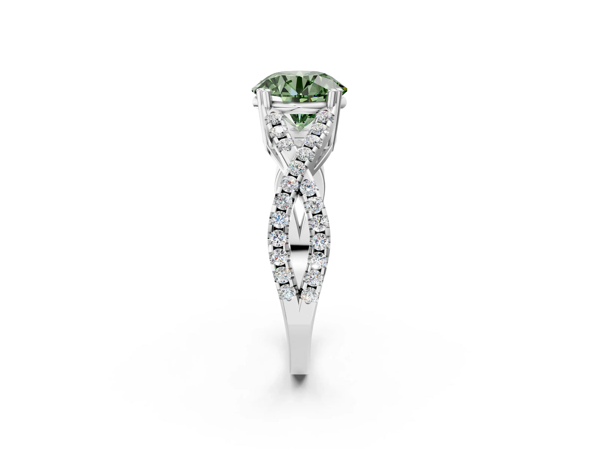Fancy Green Round Cut Diamond Solitaire Ring in Platinum with Interwoven Pavé Band and Prong Setting_8