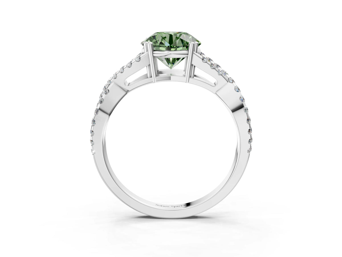 Fancy Green Round Cut Diamond Solitaire Ring in Platinum with Interwoven Pavé Band and Prong Setting_9