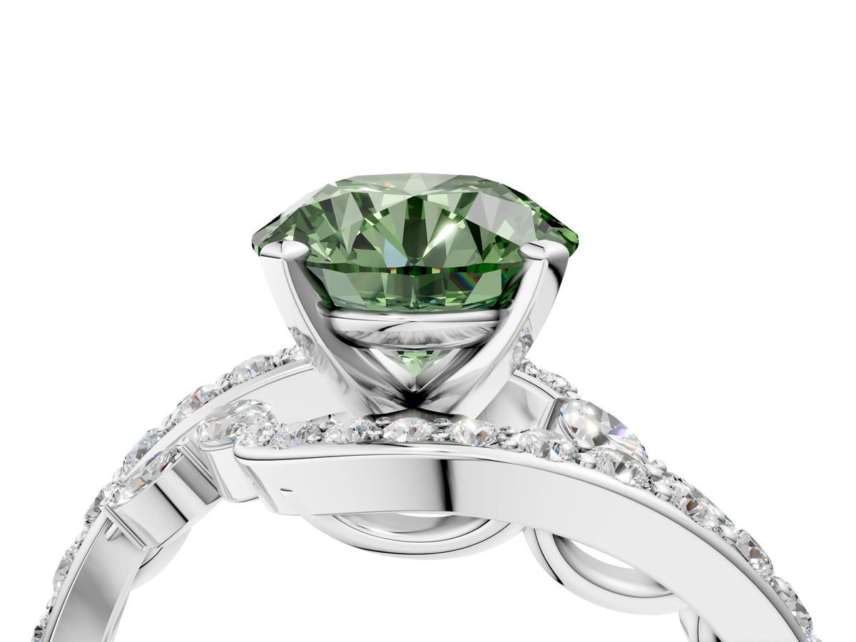 Fancy Green Round Cut Diamond Solitaire Ring in Platinum with Pavé Twist Band and Prong Setting_10