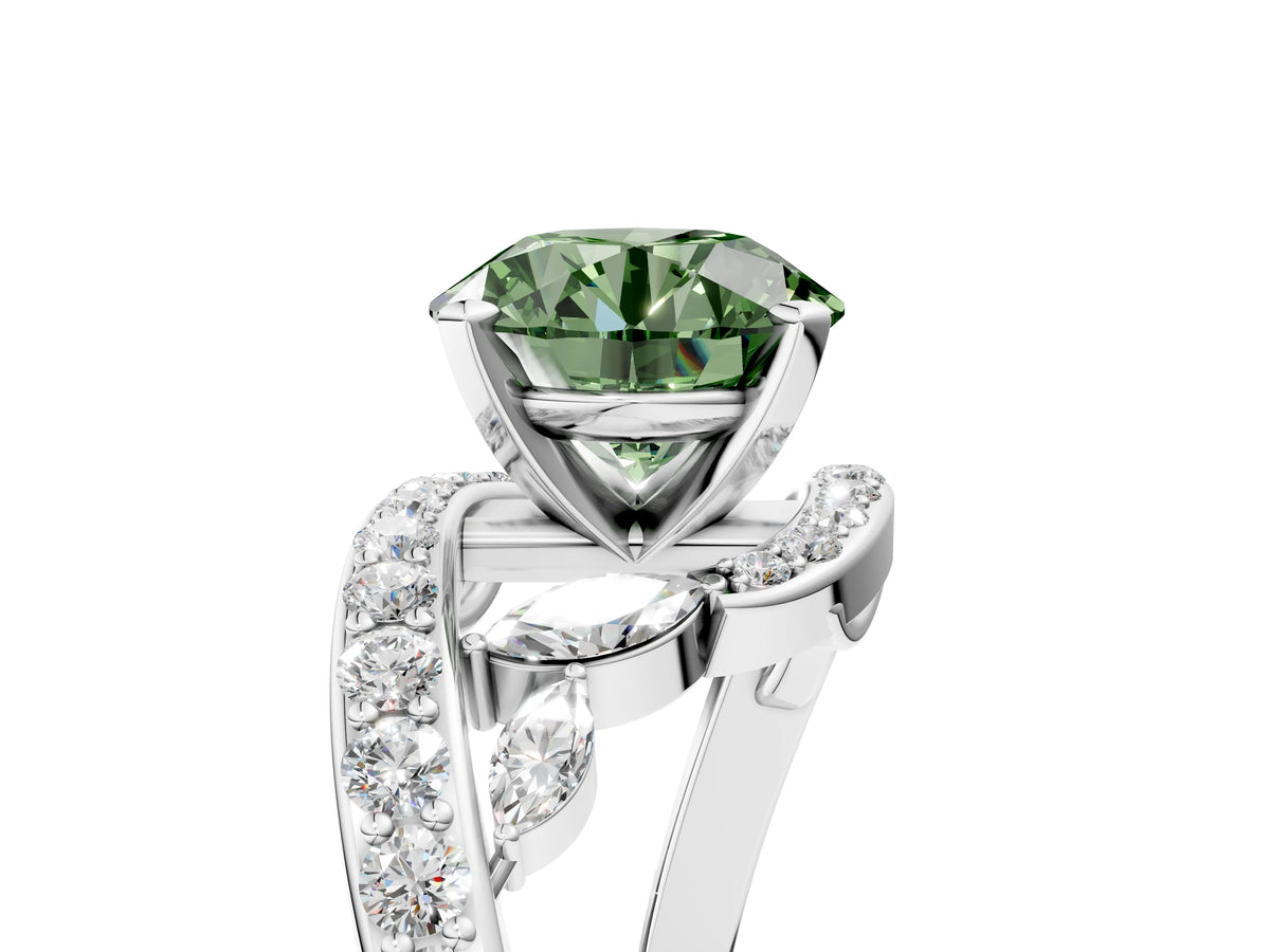 Fancy Green Round Cut Diamond Solitaire Ring in Platinum with Pavé Twist Band and Prong Setting_11