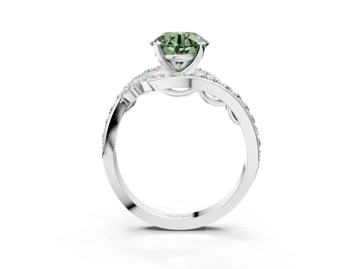 Fancy Green Round Cut Diamond Solitaire Ring in Platinum with Pavé Twist Band and Prong Setting_9