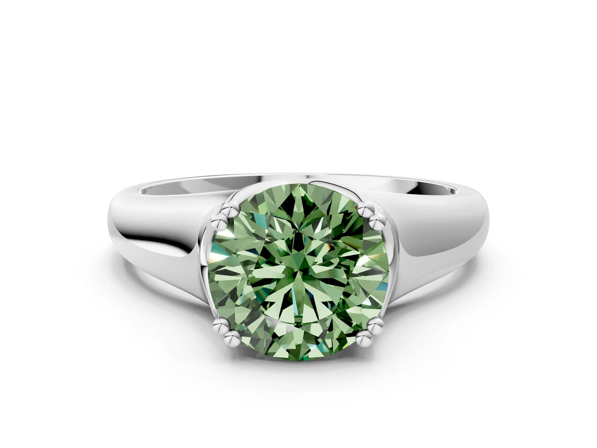 Fancy Green Round Cut Diamond Solitaire Ring in Platinum with Smooth Wide Band and Prong Setting_12
