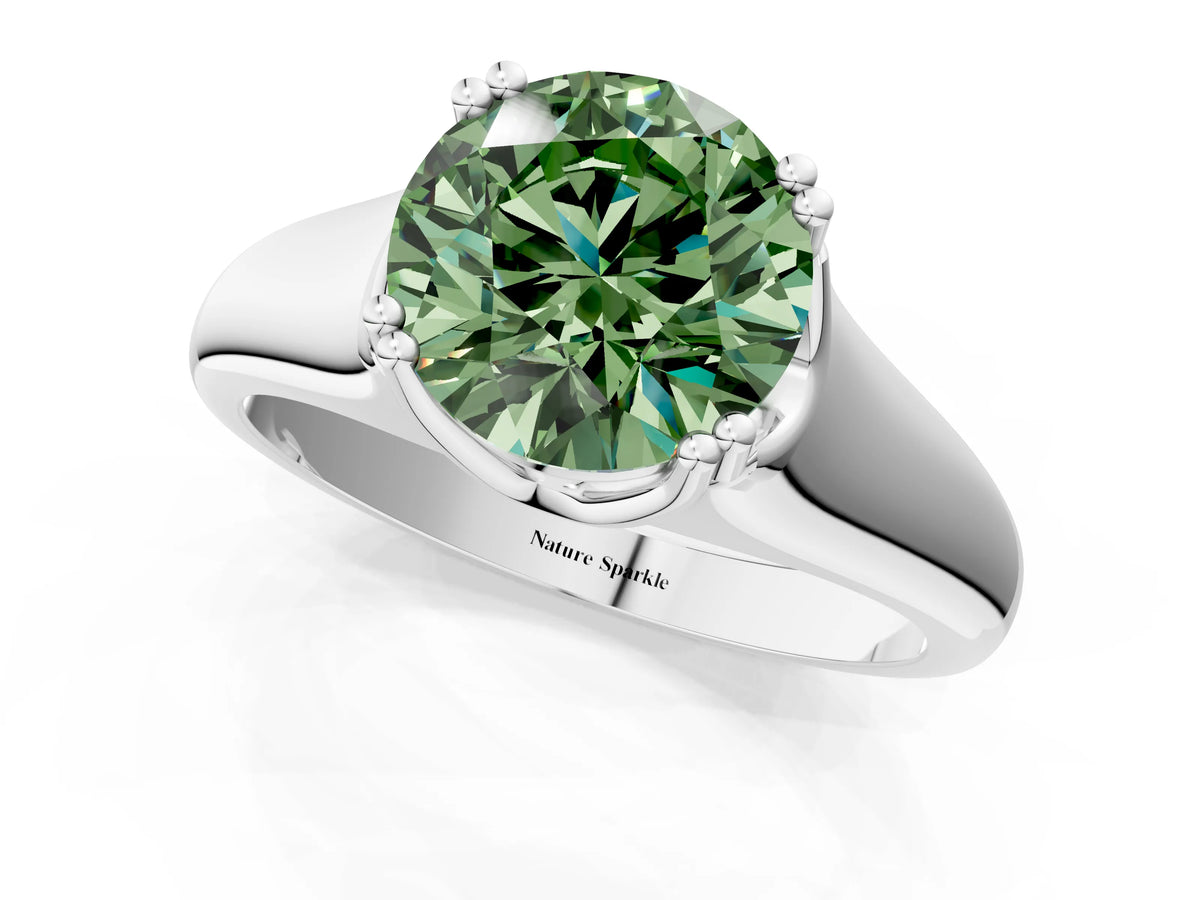 Fancy Green Round Cut Diamond Solitaire Ring in Platinum with Smooth Wide Band and Prong Setting_13