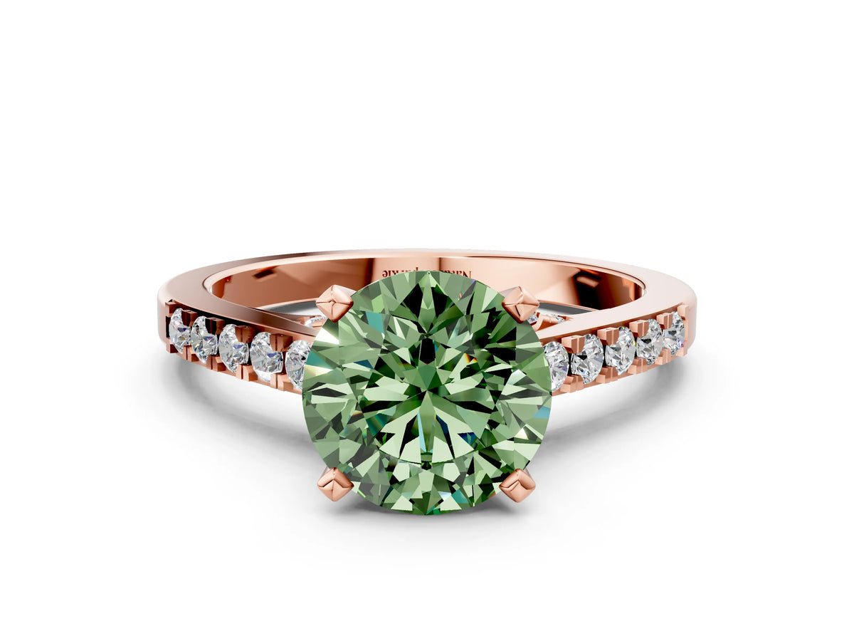 Fancy Green Round Cut Diamond Solitaire Ring in Rose gold with Crossover Gallery and Round Pavé Band