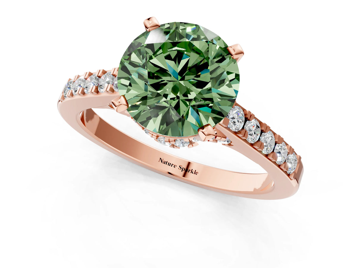 Fancy Green Round Cut Diamond Solitaire Ring in Rose gold with Crossover Gallery and Round Pavé Band_1