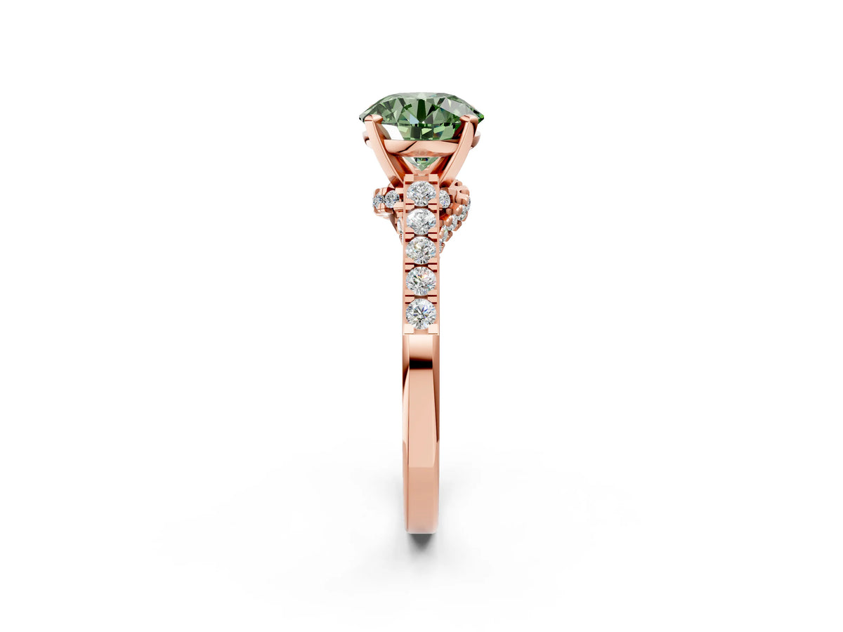 Fancy Green Round Cut Diamond Solitaire Ring in Rose gold with Crossover Gallery and Round Pavé Band_2