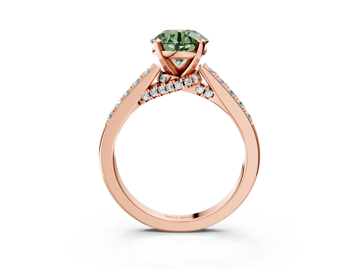 Fancy Green Round Cut Diamond Solitaire Ring in Rose gold with Crossover Gallery and Round Pavé Band_3