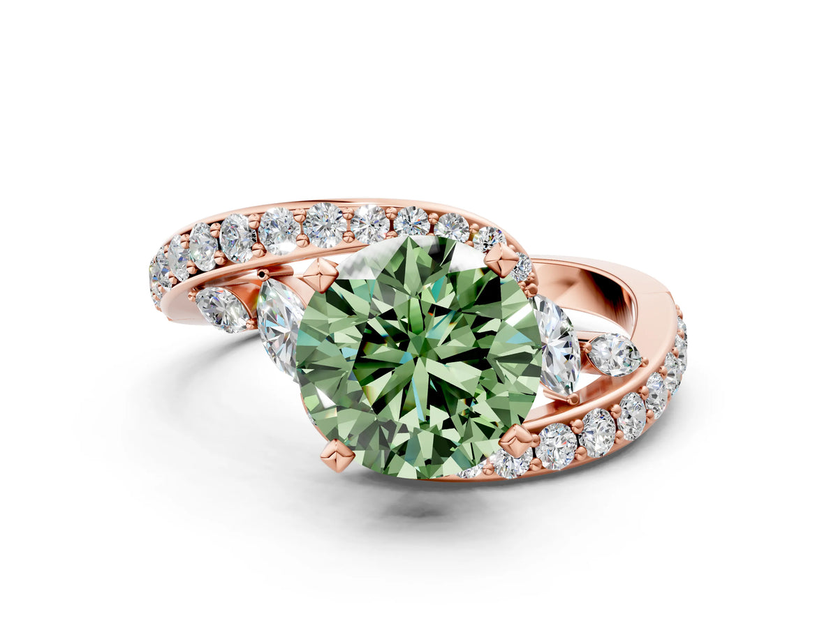 Fancy Green Round Cut Diamond Solitaire Ring in Rose gold with Pavé Twist Band and Prong Setting