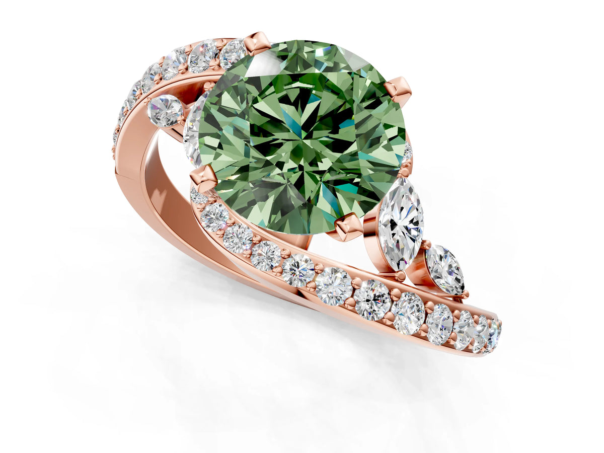 Fancy Green Round Cut Diamond Solitaire Ring in Rose gold with Pavé Twist Band and Prong Setting_1