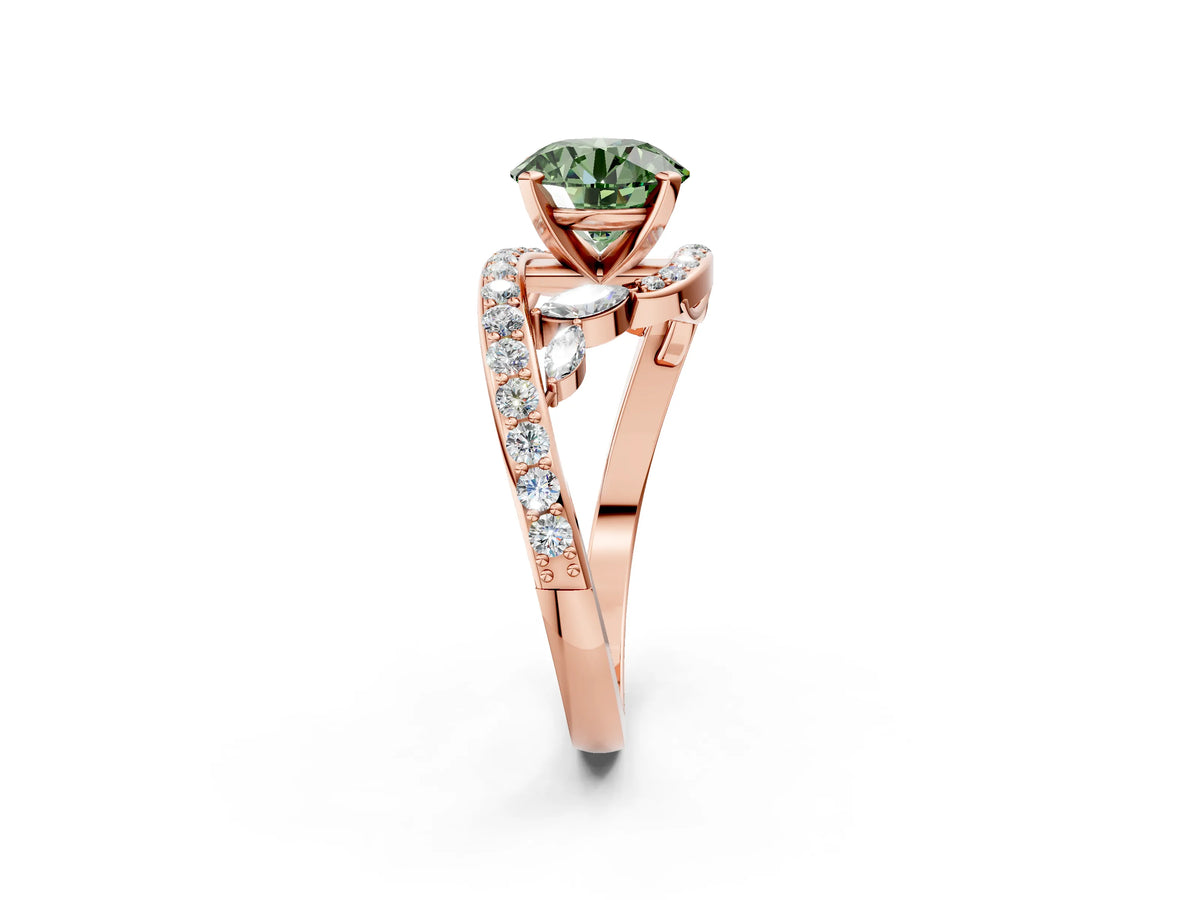 Fancy Green Round Cut Diamond Solitaire Ring in Rose gold with Pavé Twist Band and Prong Setting_2