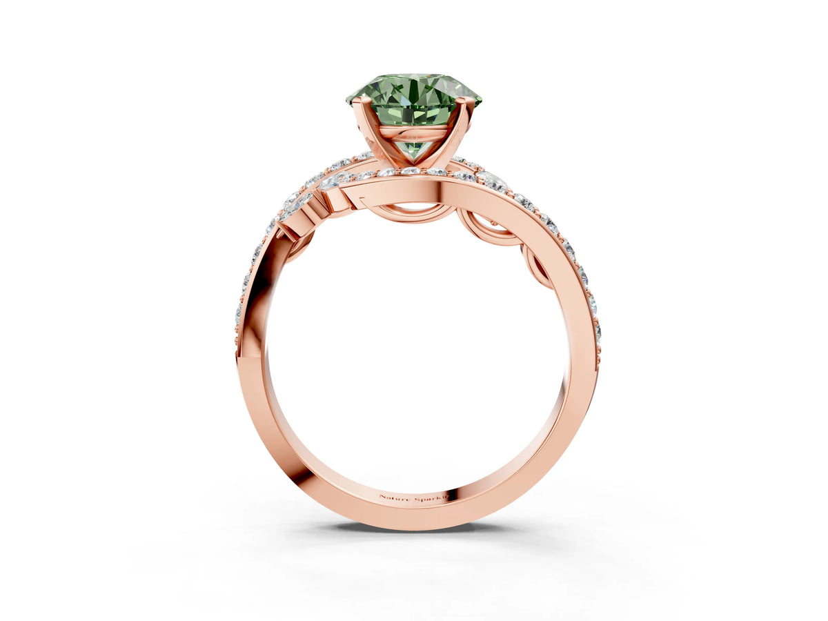 Fancy Green Round Cut Diamond Solitaire Ring in Rose gold with Pavé Twist Band and Prong Setting_3