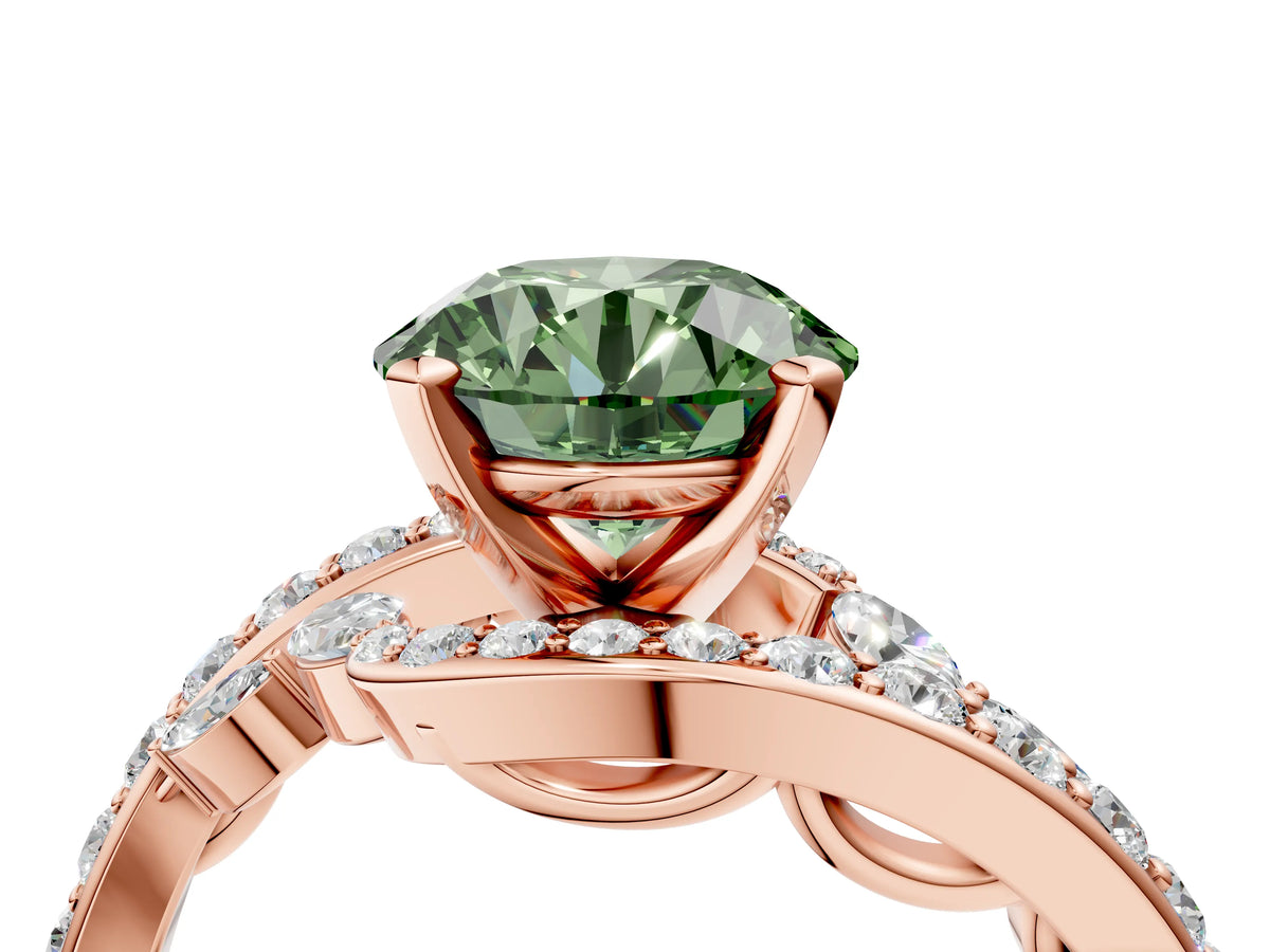 Fancy Green Round Cut Diamond Solitaire Ring in Rose gold with Pavé Twist Band and Prong Setting_4