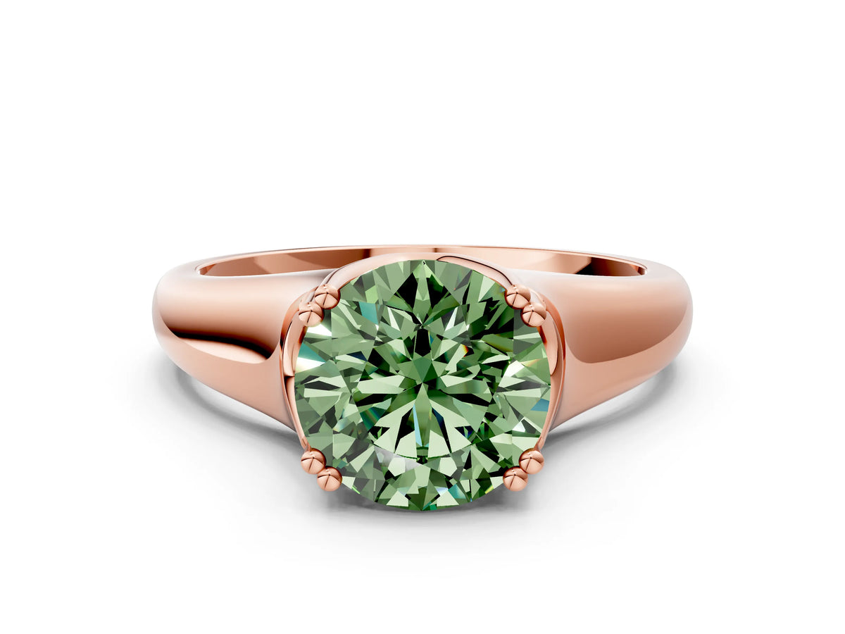 Fancy Green Round Cut Diamond Solitaire Ring in Rose gold with Smooth Wide Band and Prong Setting