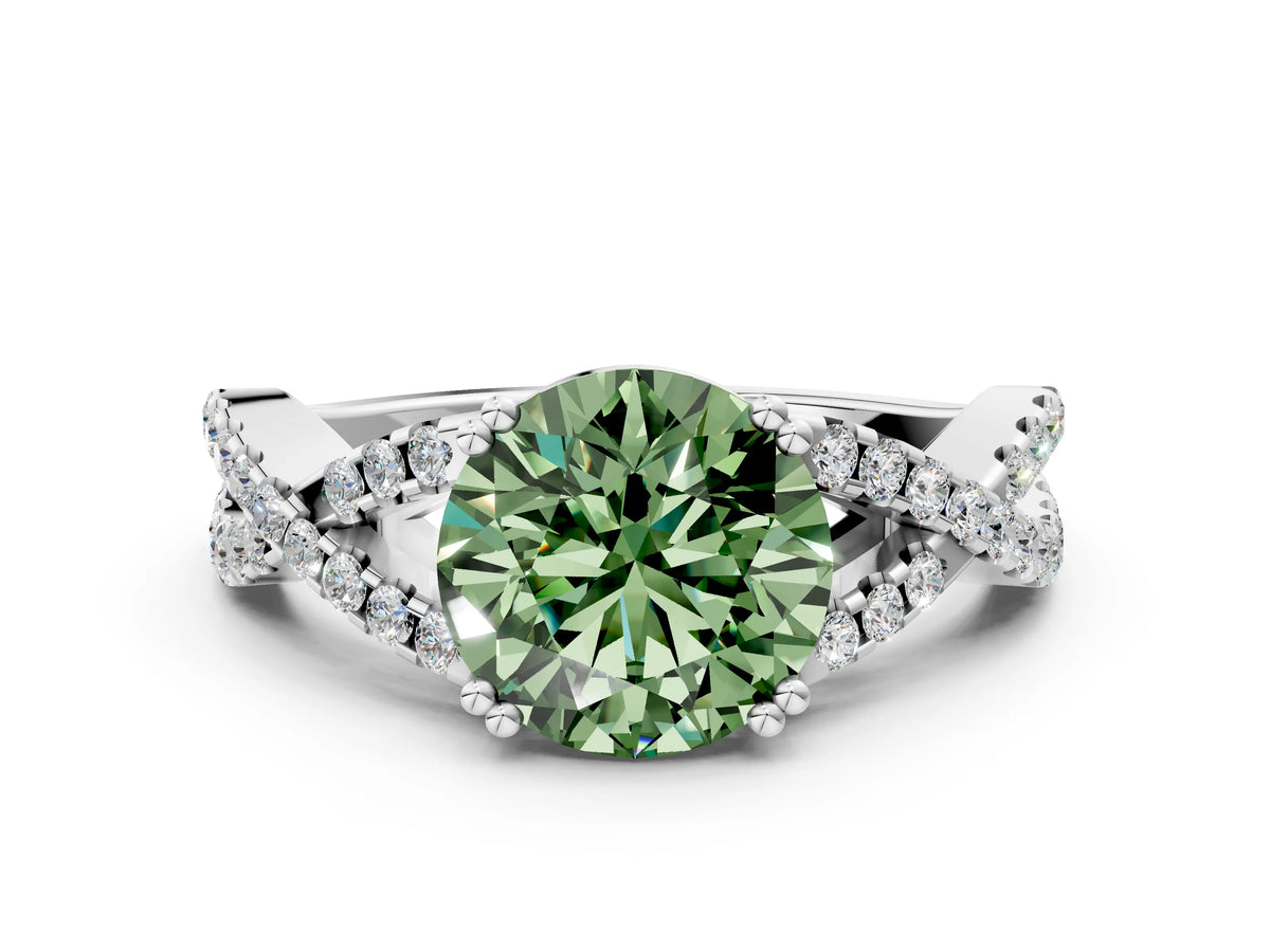 Fancy Green Round Cut Diamond Solitaire Ring in White gold with Interwoven Pavé Band and Prong Setting