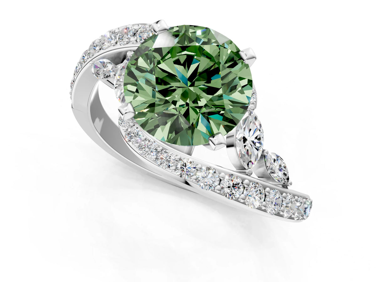 Fancy Green Round Cut Diamond Solitaire Ring in White gold with Pavé Twist Band and Prong Setting_1