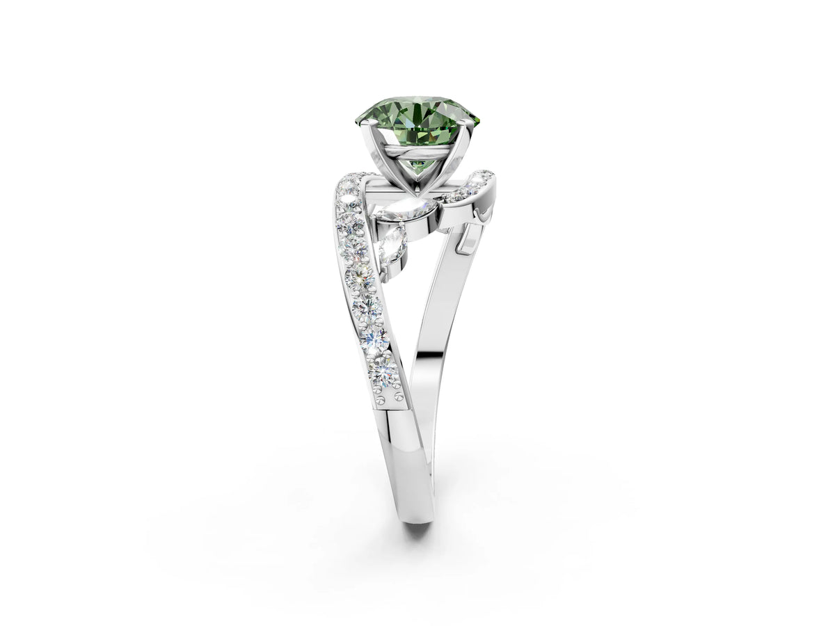 Fancy Green Round Cut Diamond Solitaire Ring in White gold with Pavé Twist Band and Prong Setting_2