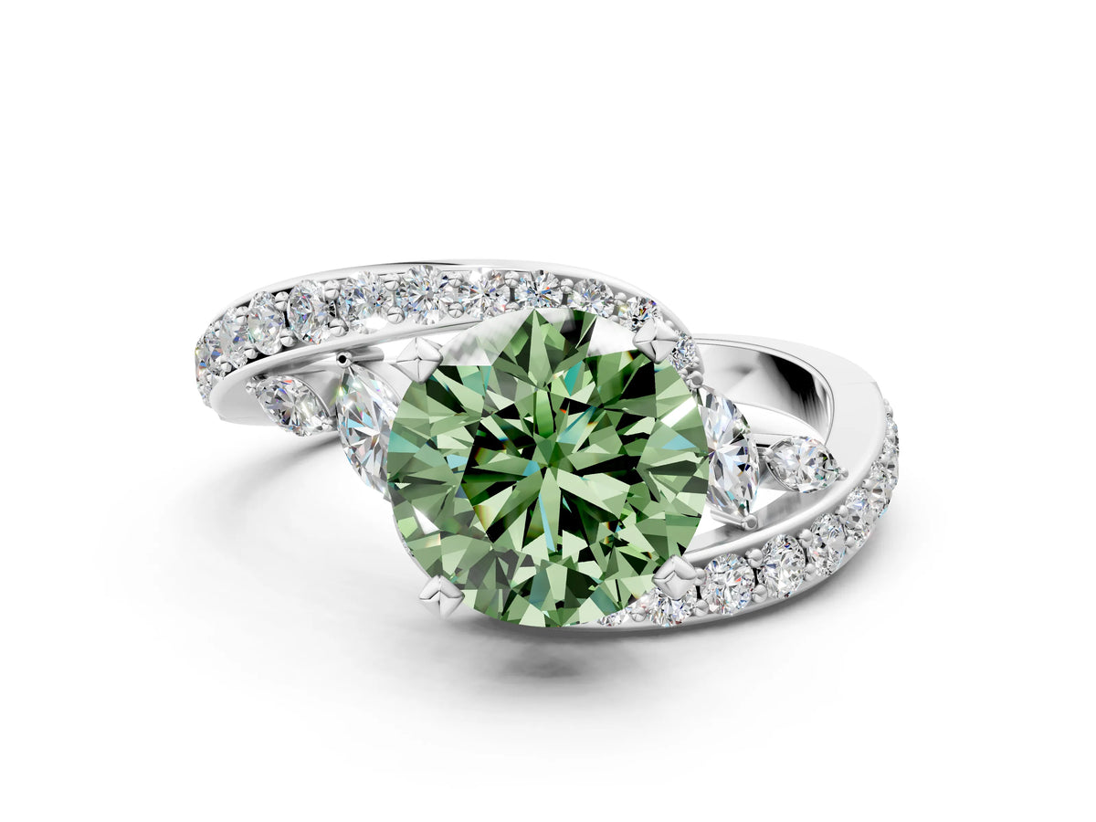 Fancy Green Round Cut Diamond Solitaire Ring in White gold with Pavé Twist Band and Prong Setting