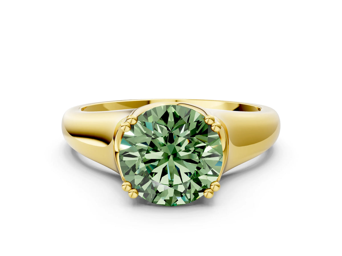 Fancy Green Round Cut Diamond Solitaire Ring in Yellow gold with Smooth Wide Band and Prong Setting