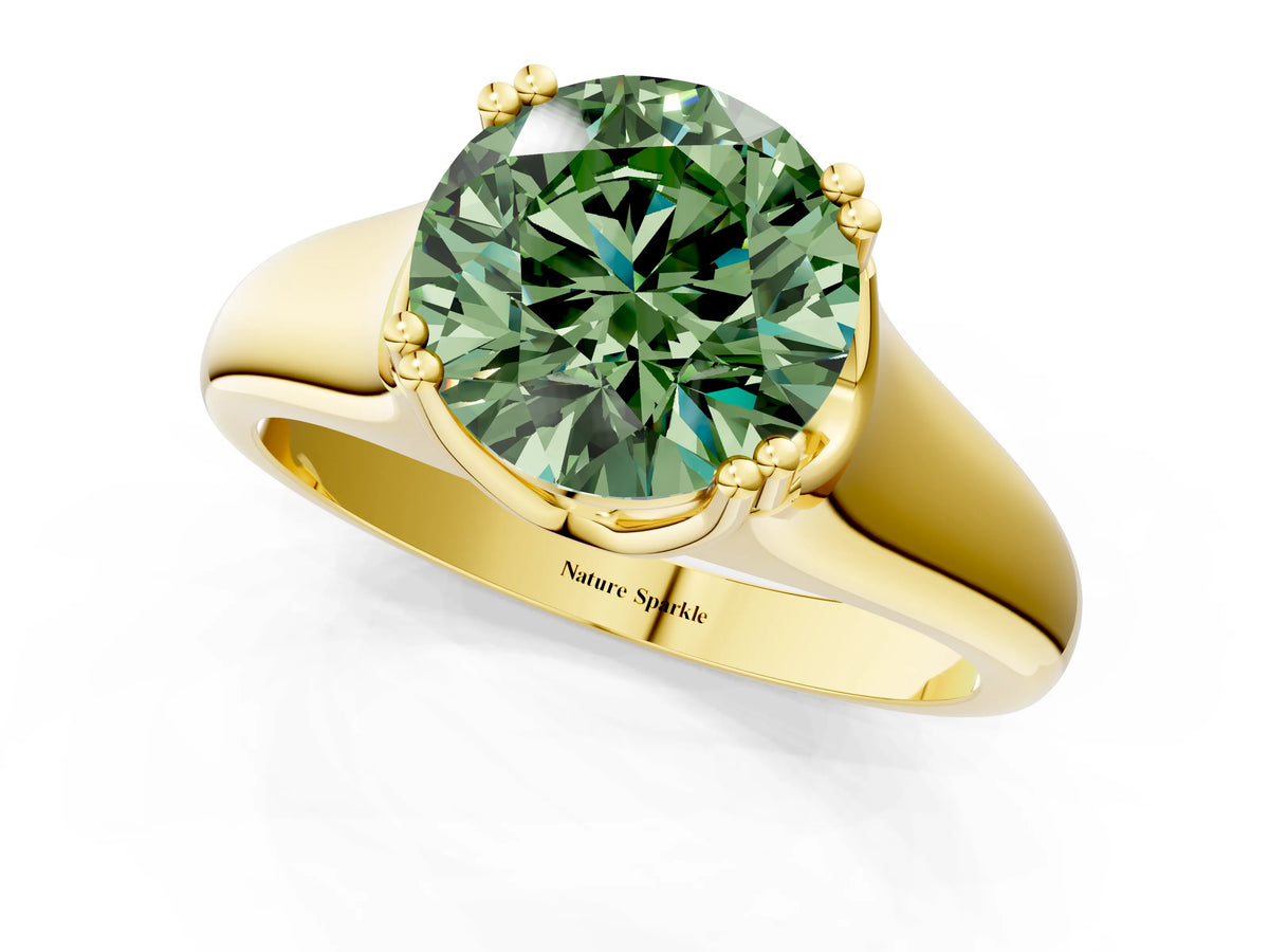 Fancy Green Round Cut Diamond Solitaire Ring in Yellow gold with Smooth Wide Band and Prong Setting_1